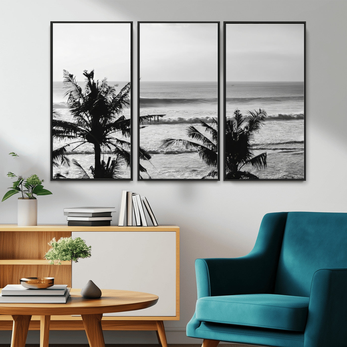 17508038-MGV-FC-48X32-3P_Black-Tropical Coastline Wall Art Canvas Print – Framed Palm Trees Scene with Ocean Waves Artwork for Home, Office