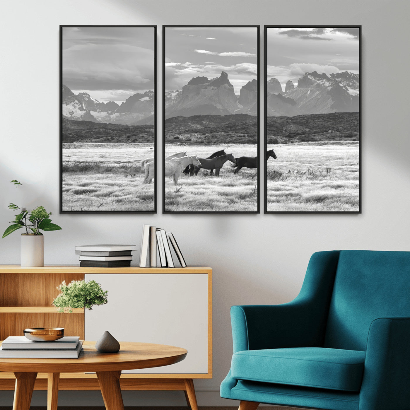 MGV-FC-48X32-3P - Wild Horses Wall Art Canvas Print, Framed Black White Mountains Art Picture Print, Rustic Countryside Perfect Rustic Western Decor Artwork
