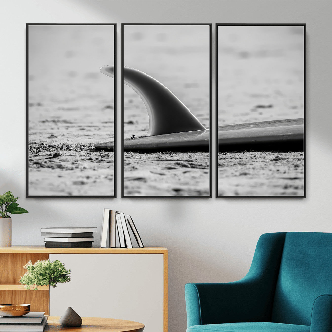 MGV-FC-48X32-3P - Black White Surfboard Wall Art Canvas Print, Framed Minimalist Beach Art Picture Print, Surf Fin Perfect Minimalist Coastal Decor Artwork