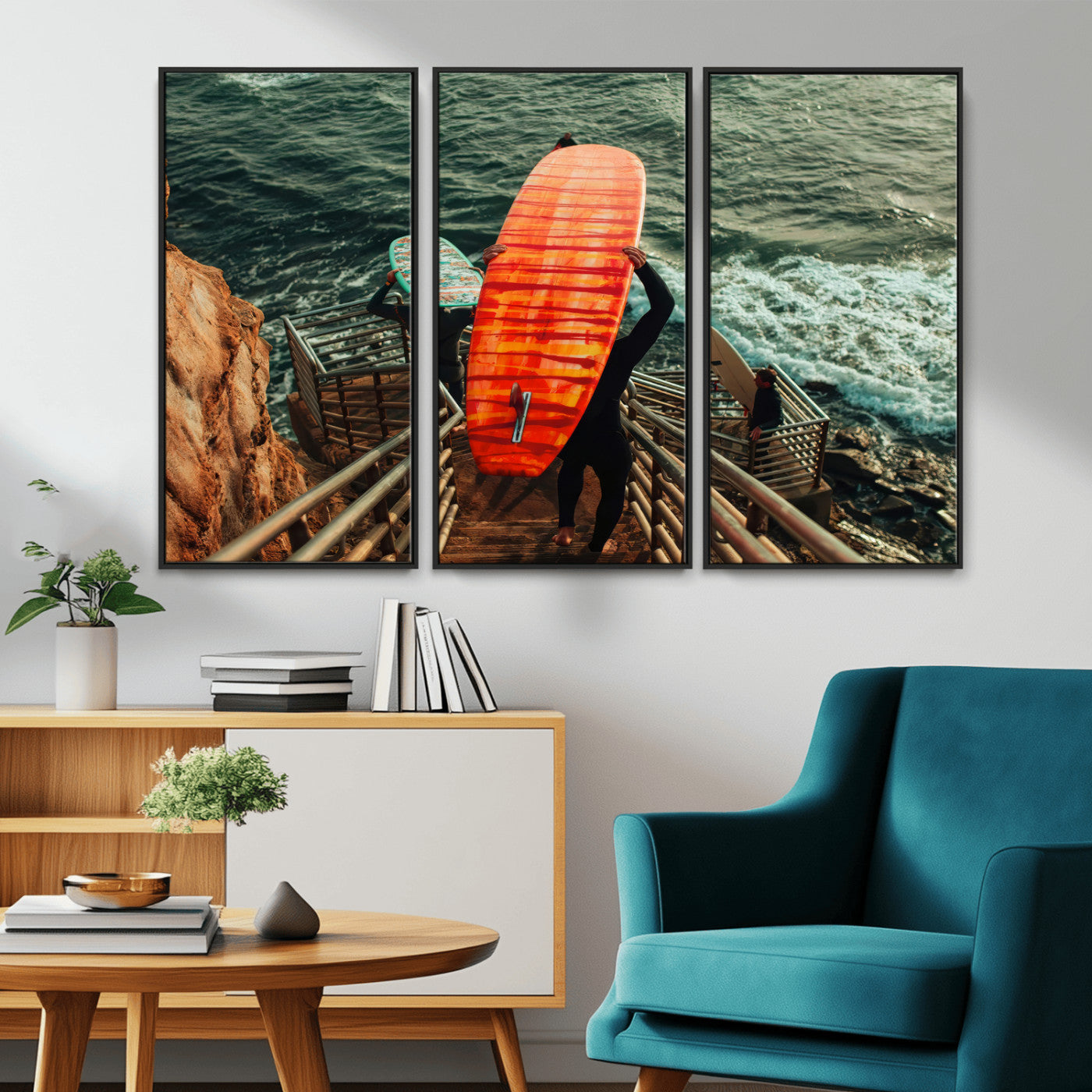 MGV-FC-48X32-3P - Surfer Stairway Wall Art Canvas Print, Framed Ocean Surf Art Picture Print, Sunset Coastal Perfect Coastal Adventure Decor Artwork