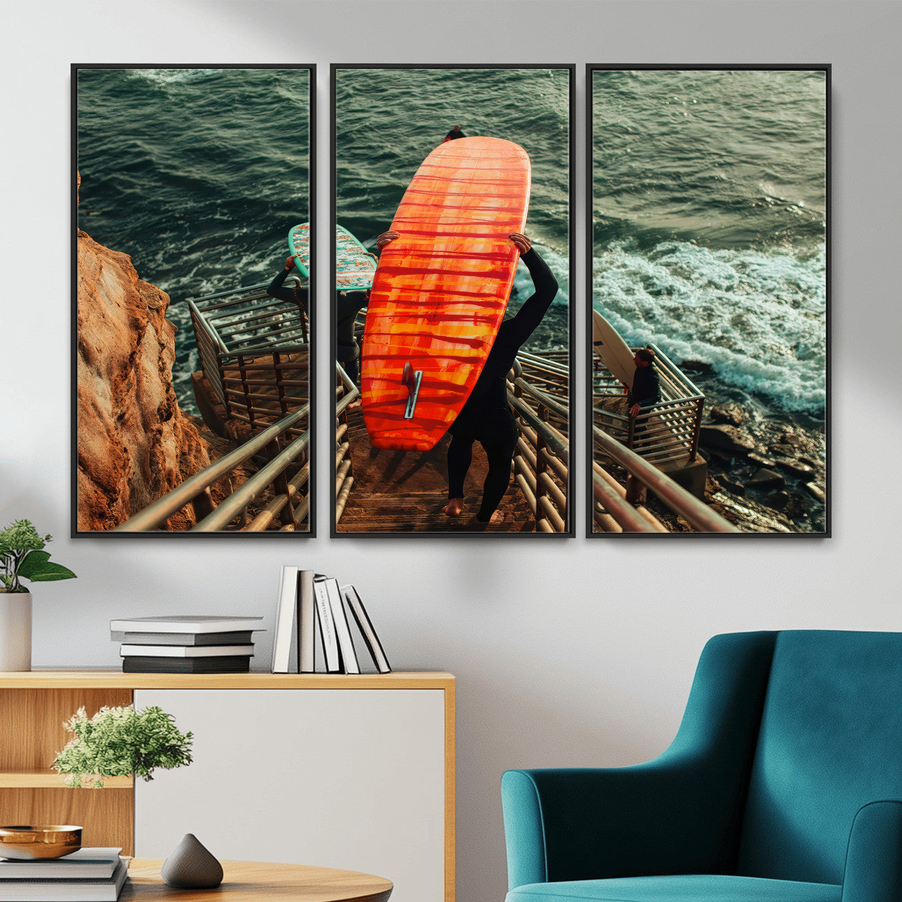 MGV-FC-48X32-3P - Surfer Stairway Wall Art Canvas Print, Framed Ocean Surf Art Picture Print, Sunset Coastal Perfect Coastal Adventure Decor Artwork