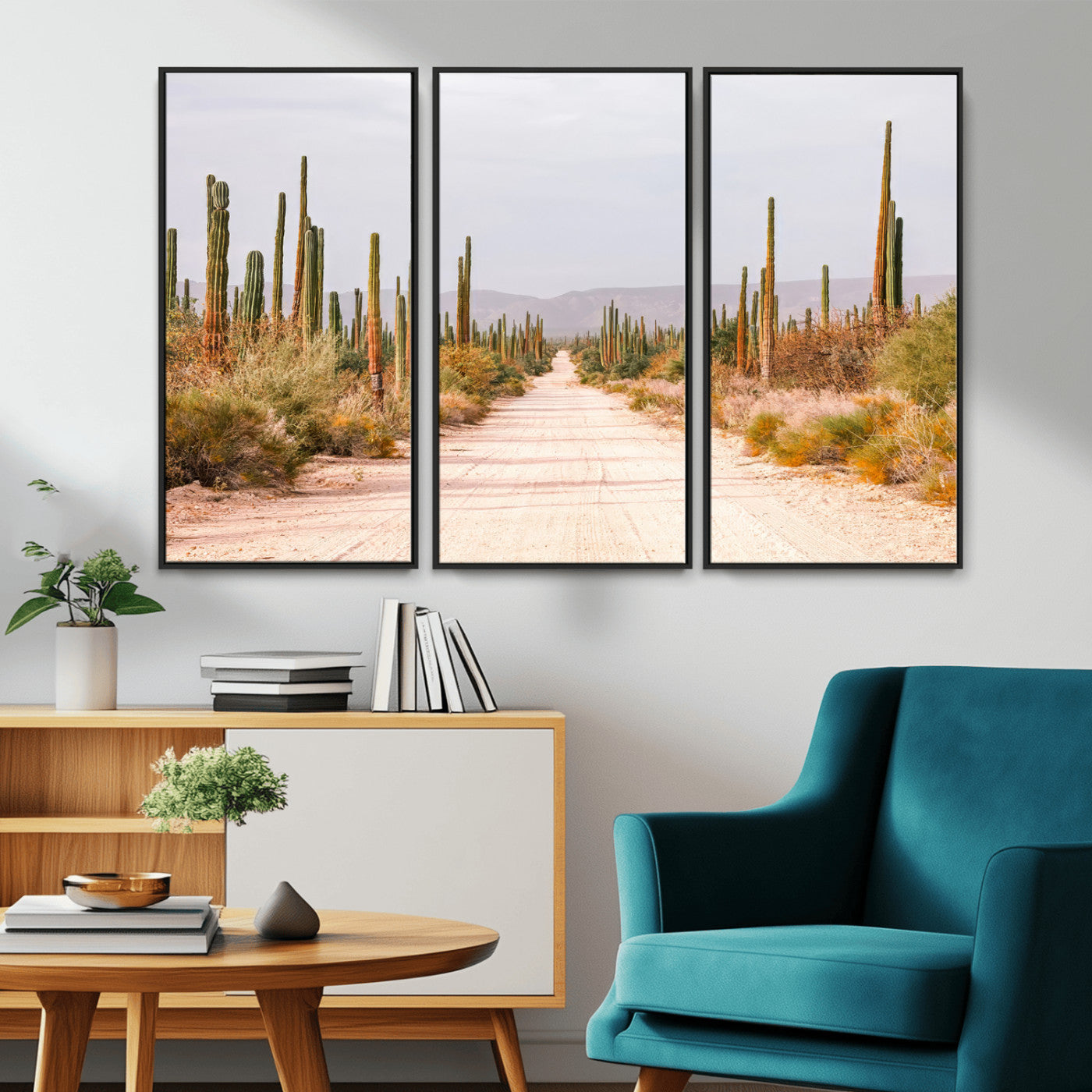 MGV-FC-48X32-3P - Desert Cactus Lined Road Wall Art Canvas Print, Framed Southwestern Landscape Art Picture Print, Bohemian Western Aesthetic Perfect Southwestern Boho Decor Artwork
