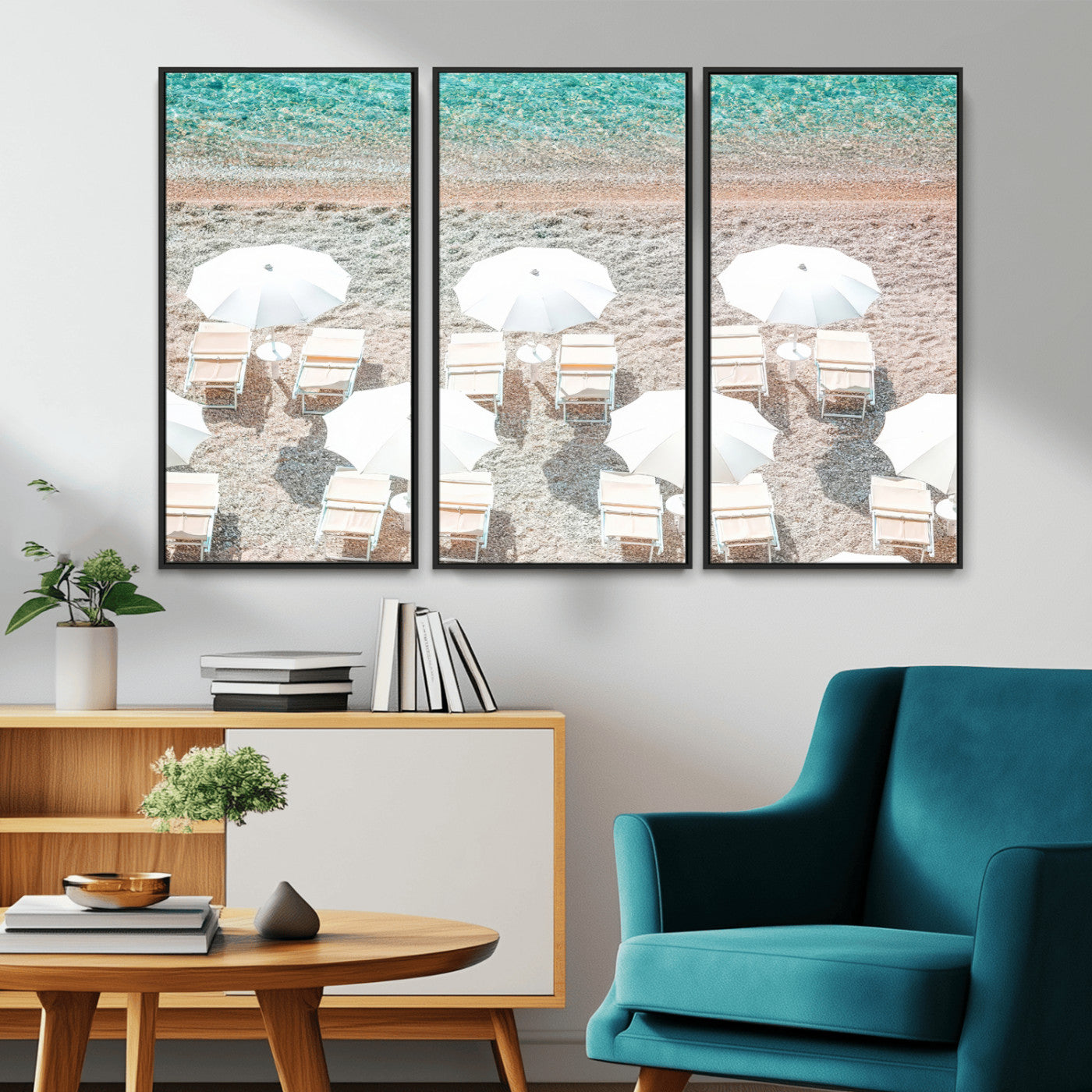 MGV-FC-48X32-3P - Calm Beach Wall Art Canvas Print, Framed Turquoise Water Art Picture Print, Umbrella Shoreline Perfect Coastal Minimalist Decor Artwork