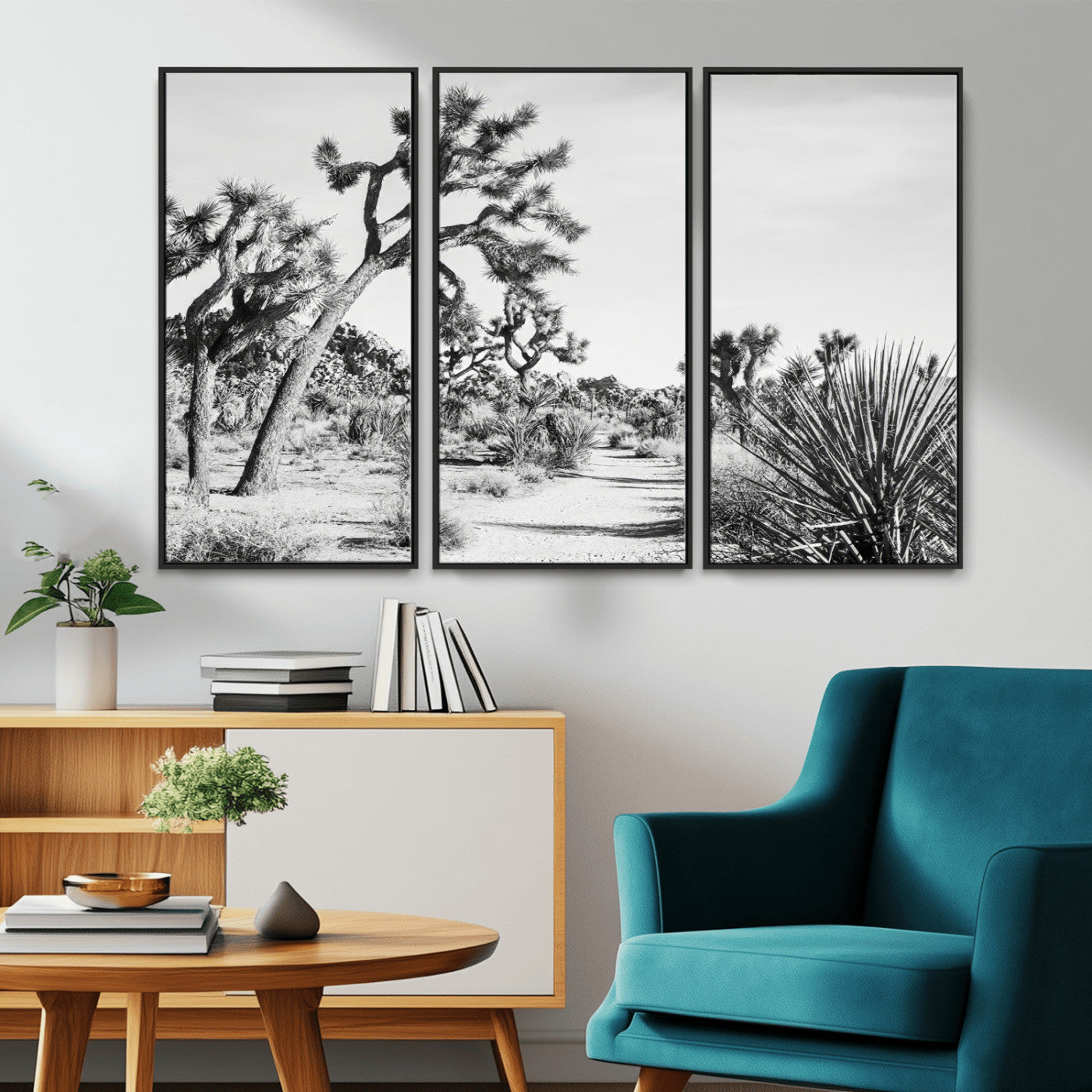 MGV-FC-48X32-3P - Joshua Tree Wall Art Canvas Print, Framed Desert Path Art Picture Print, Monochrome Desert Perfect Minimalist Desert Decor Artwork