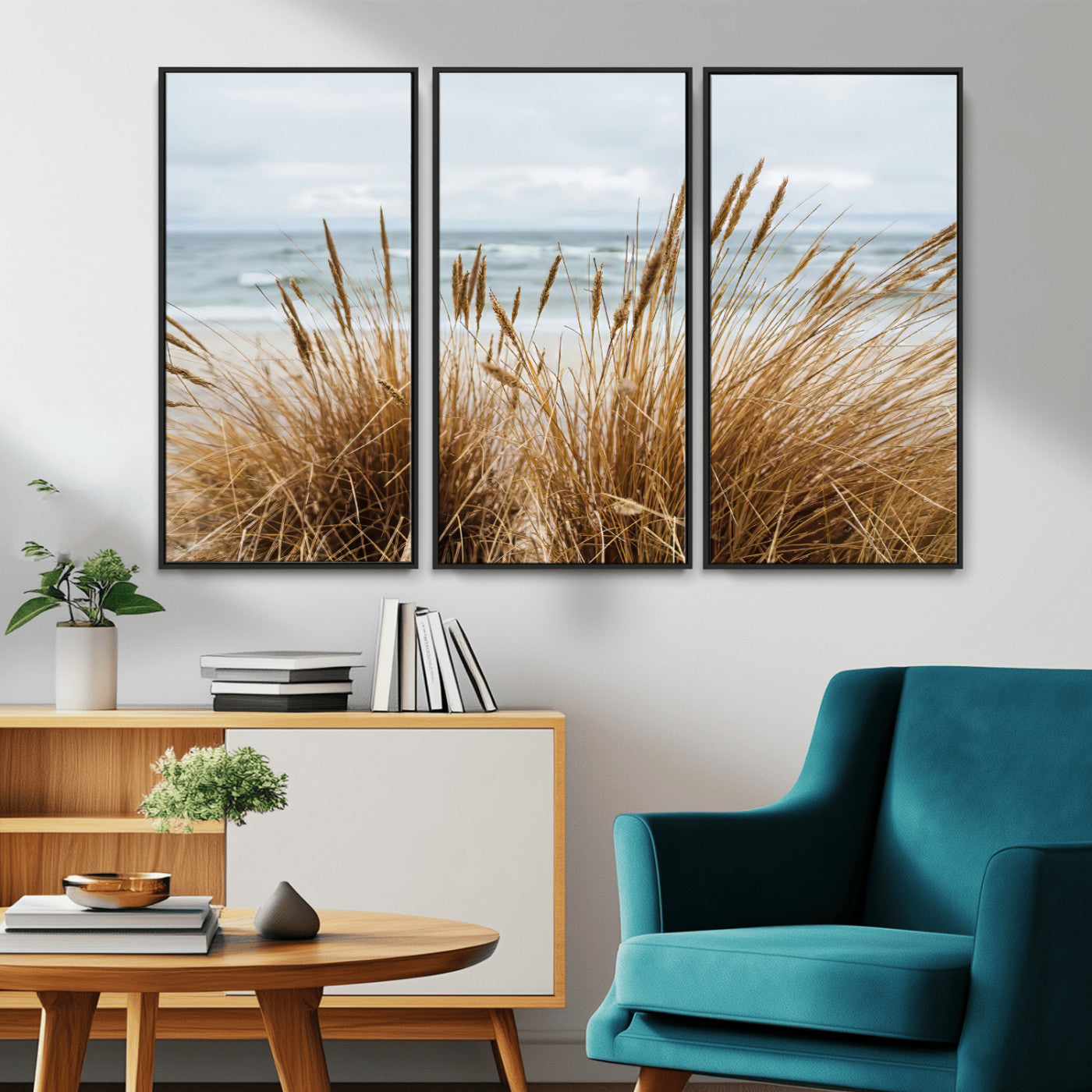 MGV-FC-48X32-3P - Beach Grass Wall Art Canvas Print, Framed Coastal Dunes Art Picture Print, Dune Grass Perfect Coastal Minimalist Decor Artwork