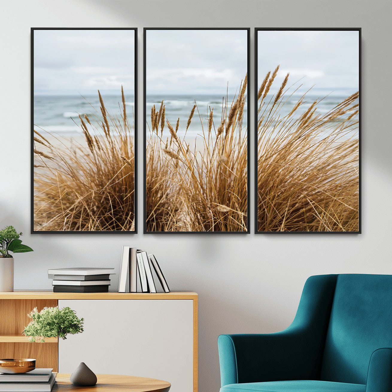14270839-MGV-CV-36X24-Beach Grass Wall Art – Framed Coastal Dunes Canvas Artwork, Minimal Seaside Design, Modern Coastal Decor for Home, Office