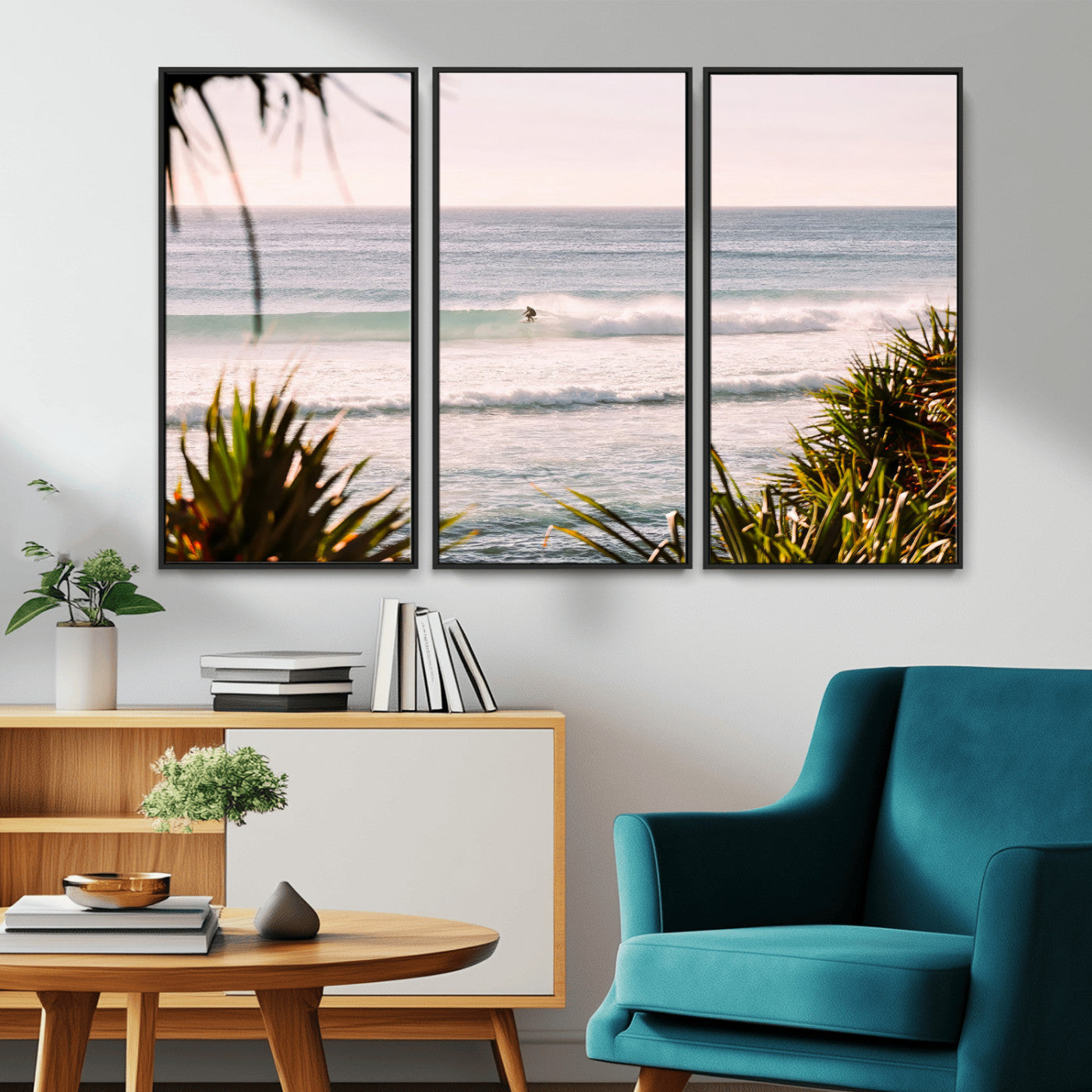 MGV-FC-48X32-3P - Ocean Surfer Wall Art Canvas Print, Framed Coastal Surf Art Picture Print, Tropical Beach Perfect Tropical Coastal Decor Artwork