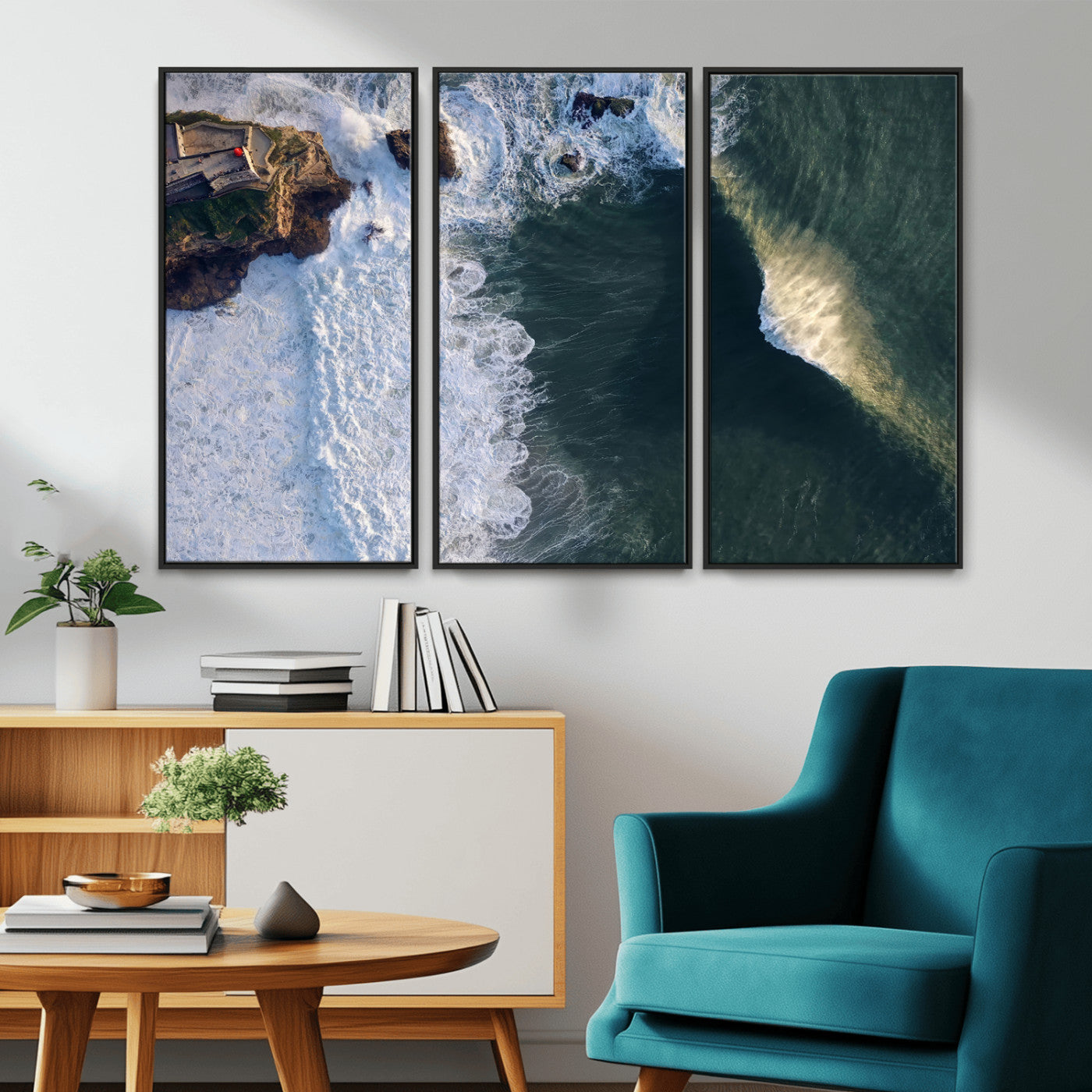 MGV-FC-48X32-3P - Nazaré Coast Wall Art Canvas Print, Framed Aerial Ocean Art Picture Print, Coastal Fortress Perfect Dramatic Coastal Decor Artwork
