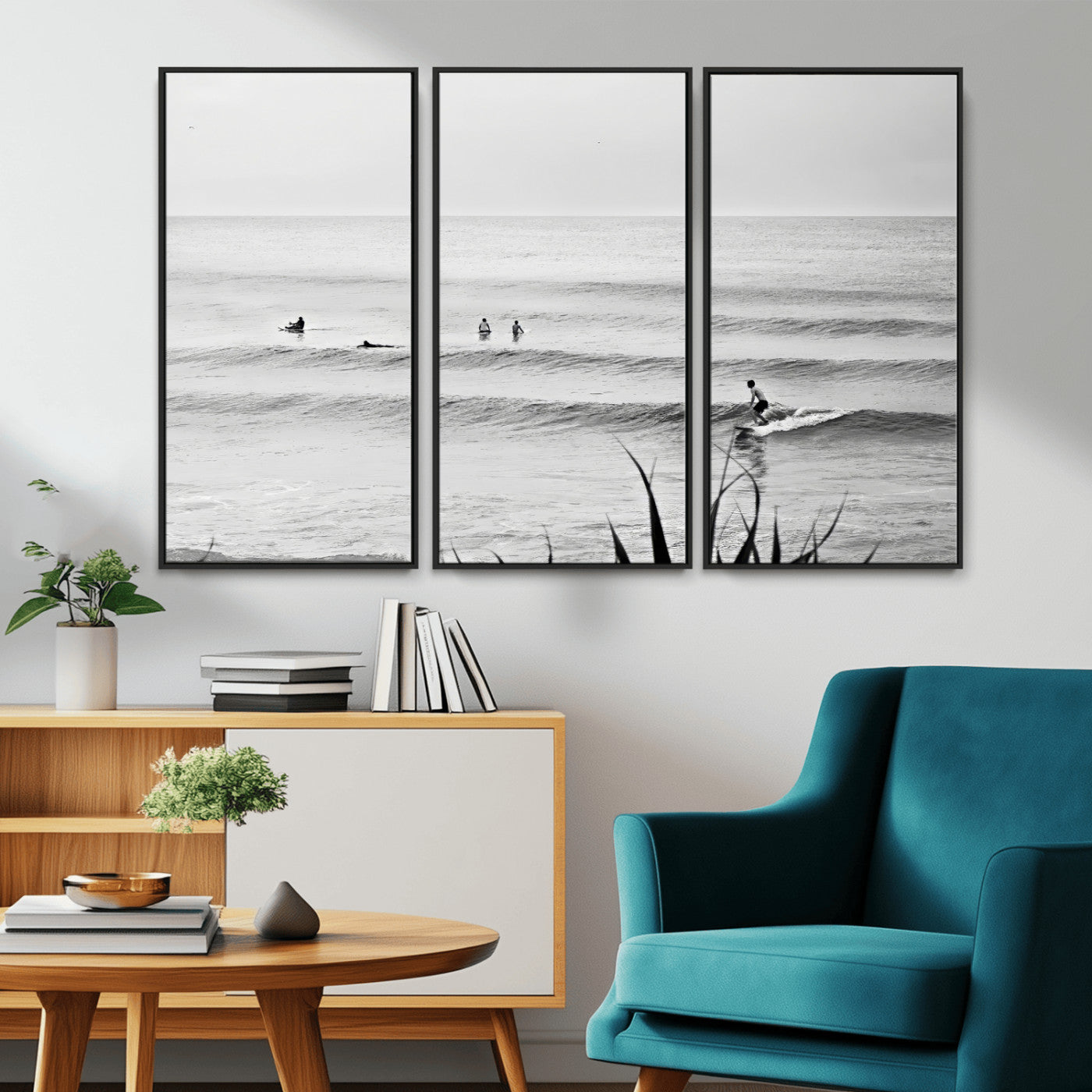 MGV-FC-48X32-3P - Surfer Silhouette Wall Art Canvas Print, Framed Calm Ocean Art Picture Print, Monochrome Surf Perfect Minimalist Coastal Decor Artwork