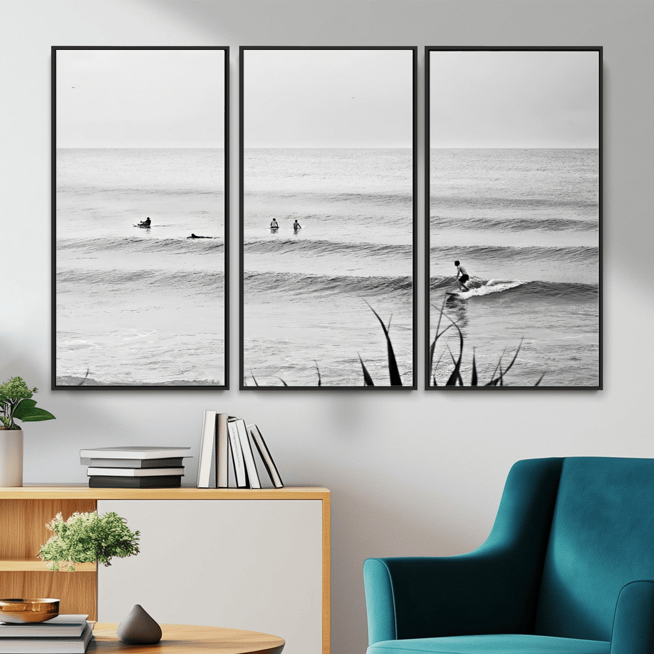33821421-MGV-CV-36X24 - Surfer Silhouette Wall Art Canvas Print, Framed Calm Ocean Art Picture Print, Monochrome Surf Minimalist Coastal Decor Artwor