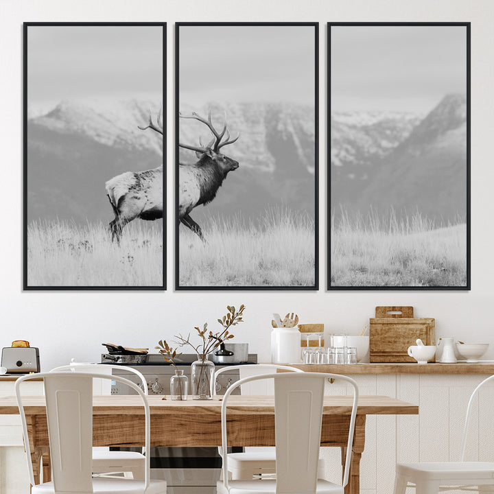 Rustic Elk Wall Art Canvas Print, Wildlife Antler Print, Framed Western Hunting Lodge Art Print, Large Mountain Nature Scene Printing Perfect for Japanese Decor