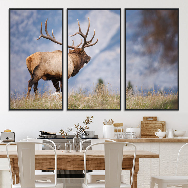 Rustic Elk Wall Art Canvas Print, Wildlife Antler Print, Framed Western Hunting Lodge Art Print