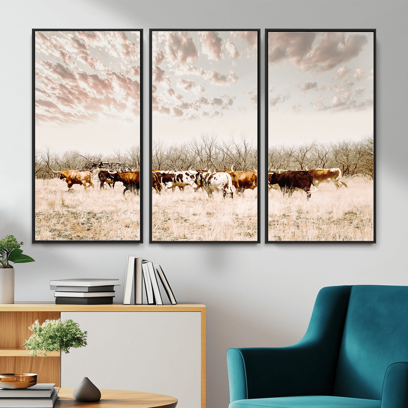 64892775-MGV-CV-36X24 - Longhorn Cattle Wall Art Canvas Print, Framed Texas Ranch Art Picture Print, Western Cow Perfect Western Decor Artwork