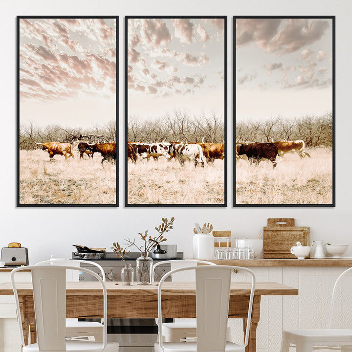 Longhorn Cattle Wall Art Canvas Print, Texas Ranch Print, Framed Western Cow Art Print, Large Prairie Landscape Printing Perfect for Western Decor