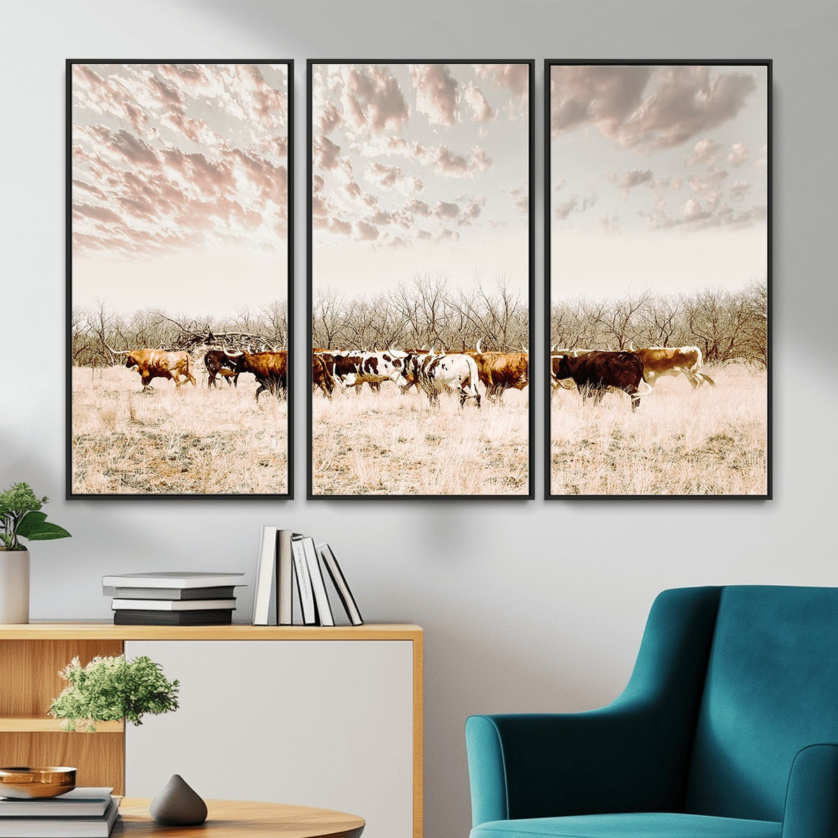64892775-MGV-CV-24X16 - Longhorn Cattle Wall Art Canvas Print, Framed Texas Ranch Art, Western Cow Print, Prairie Landscape Decor