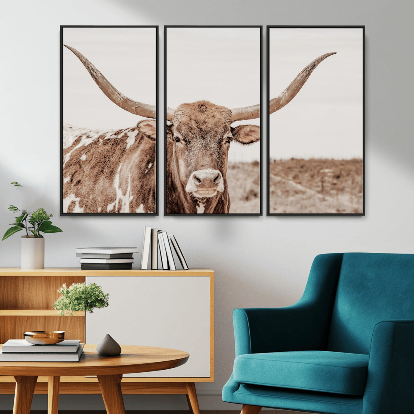 MGV-FC-48X32-3P - Longhorn Cow Wall Art Canvas Print, Framed Texas Ranch Art Picture Print, Western Bull Perfect County Decor Artwork