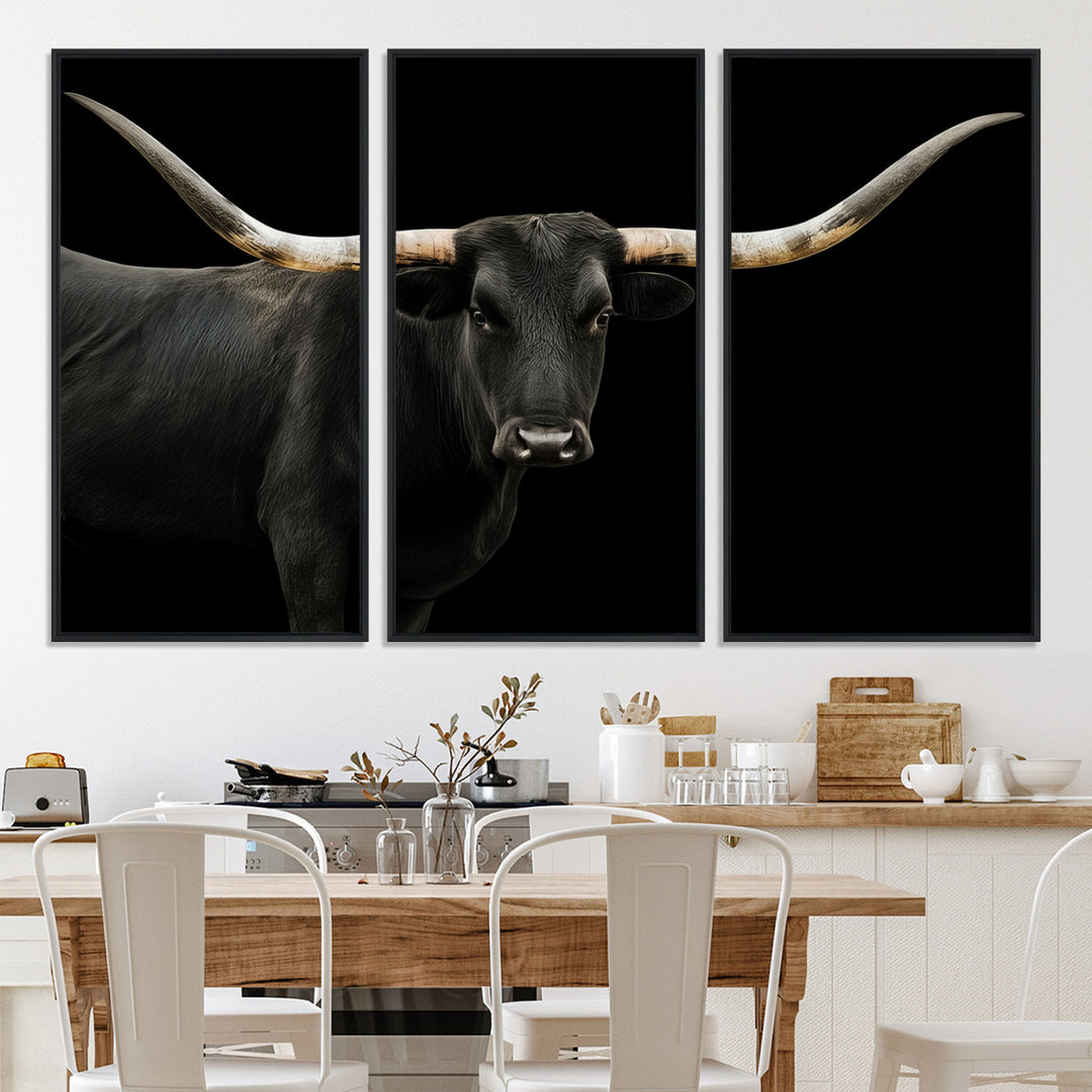 Black White Longhorn Bull Wall Art Canvas Print, Texas Ranch Print, Framed Western Cow Art Print for Farmhouse Decor - Longhorn Print