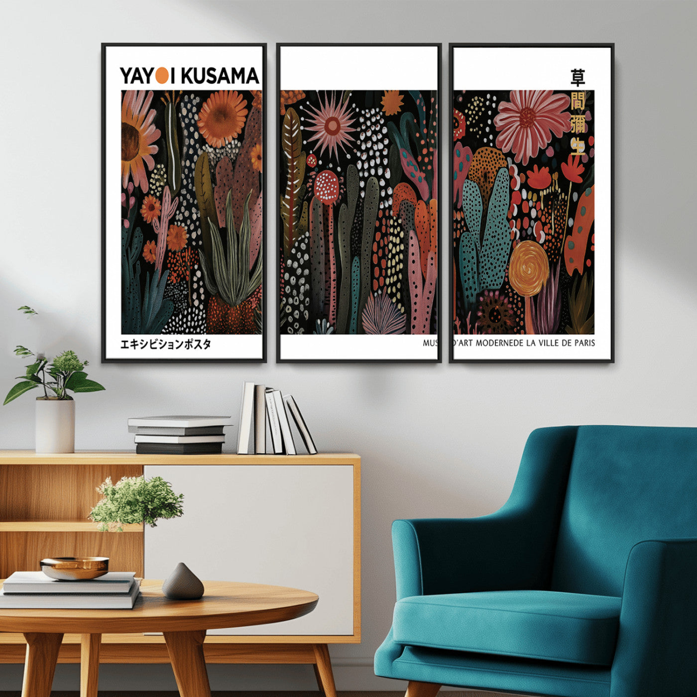 MGV-FC-48X32-3P - Modern Japanese Wall Art Print, Framed Yayoi Kusama Artwork, Abstract Mount Fuji Canvas Print,