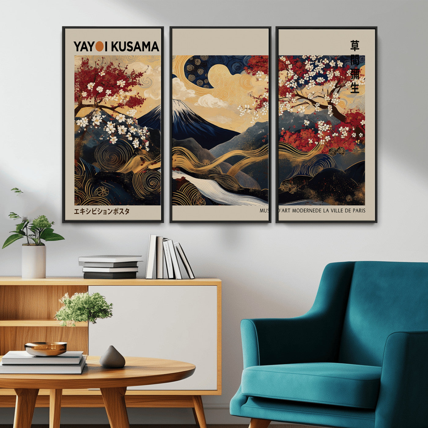 MGV-FC-48X32-3P - Modern Japanese Wall Art, Yayoi Kusama Japanese Print Wall Art, Abstract Mount Fuji Canvas Print,