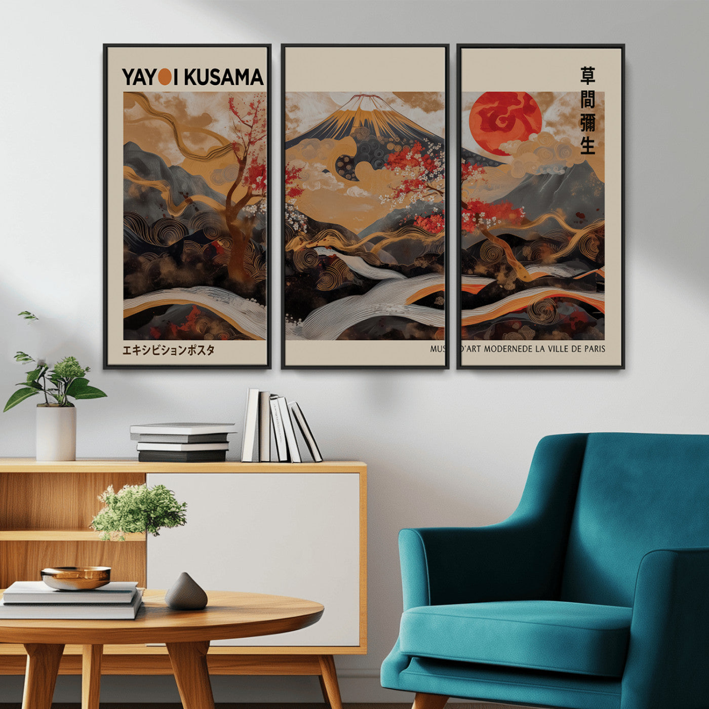 MGV-FC-48X32-3P - Modern Japanese Wall Art Print Yayoi Kusama Canvas Wall Art Abstract Mount Fuji Canvas Print