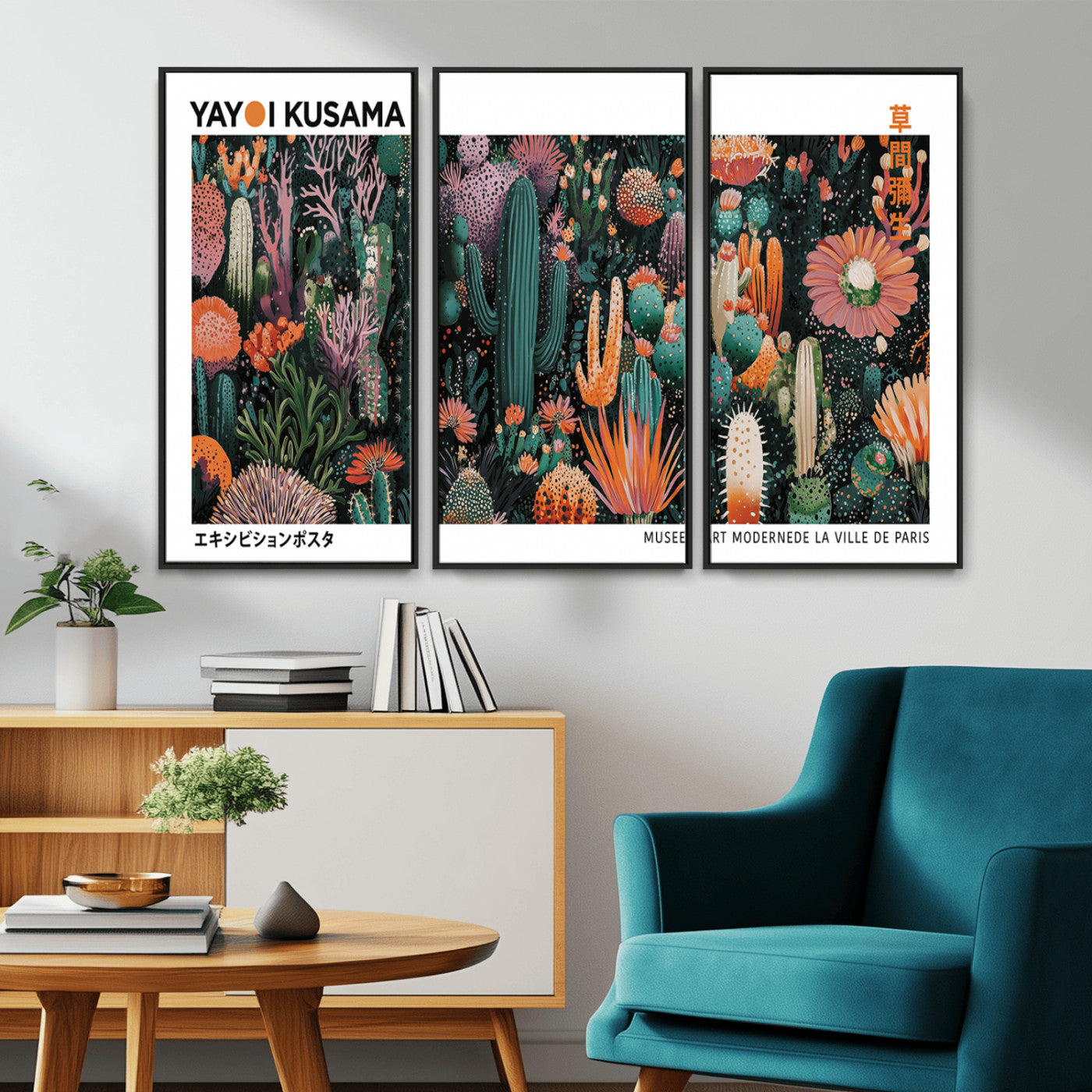 MGV-FC-48X32-3P - Modern Japanese Wall Art Print, Yayoi Kusama Print Wall Decor, Abstract Mount Fuji Canvas Print,