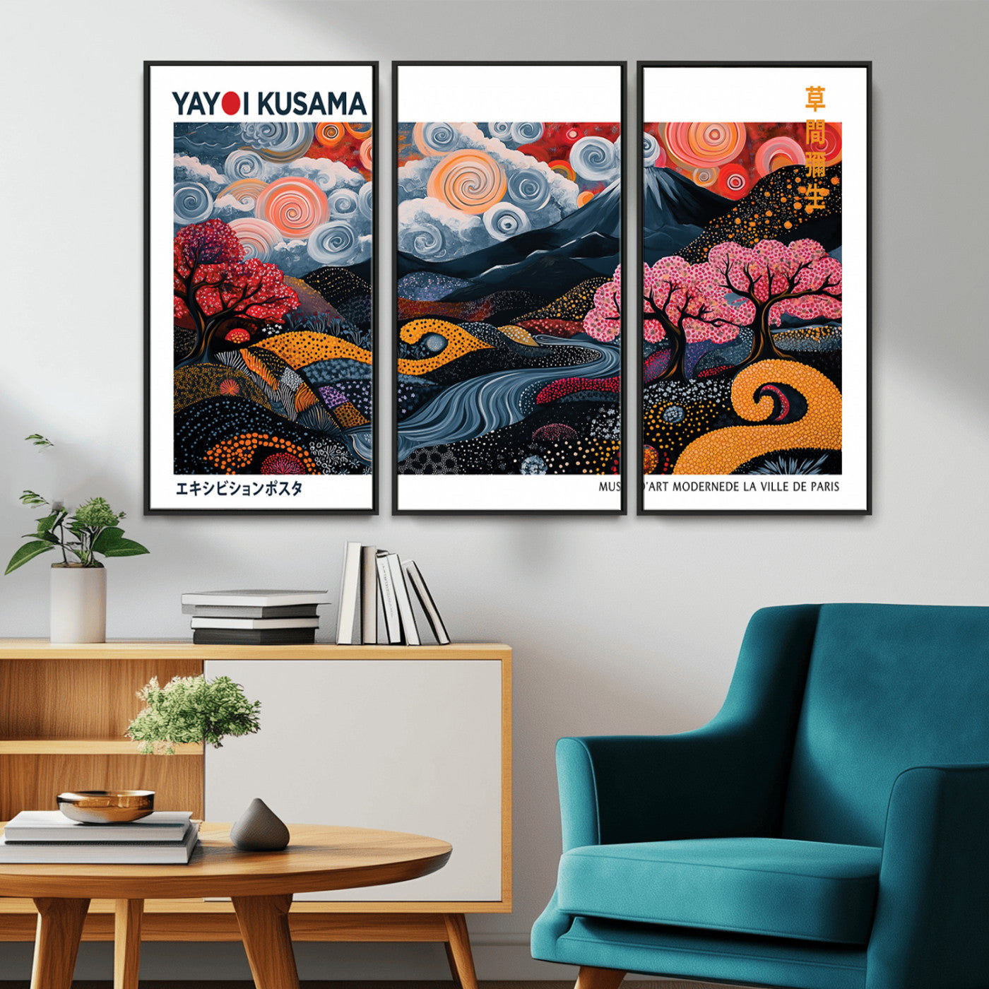 MGV-FC-48X32-3P - Modern Japanese Wall Art Print Yayoi Kusama Canvas Wall Art Abstract Mount Fuji Canvas Print