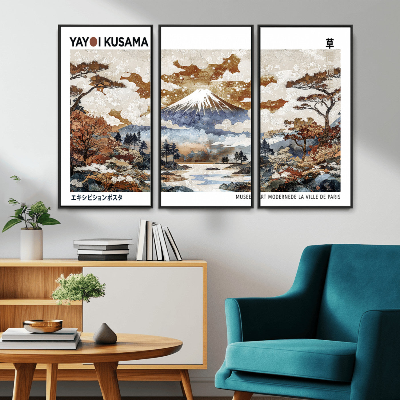 MGV-FC-48X32-3P - Modern Japanese Wall Art Print Yayoi Kusama Canvas Wall Art Abstract Mount Fuji Canvas Print