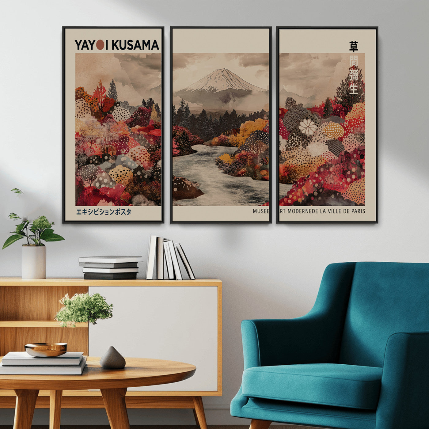 MGV-FC-48X32-3P - Modern Japanese Wall Art Print Yayoi Kusama Canvas Wall Art Abstract Mount Fuji Canvas Print