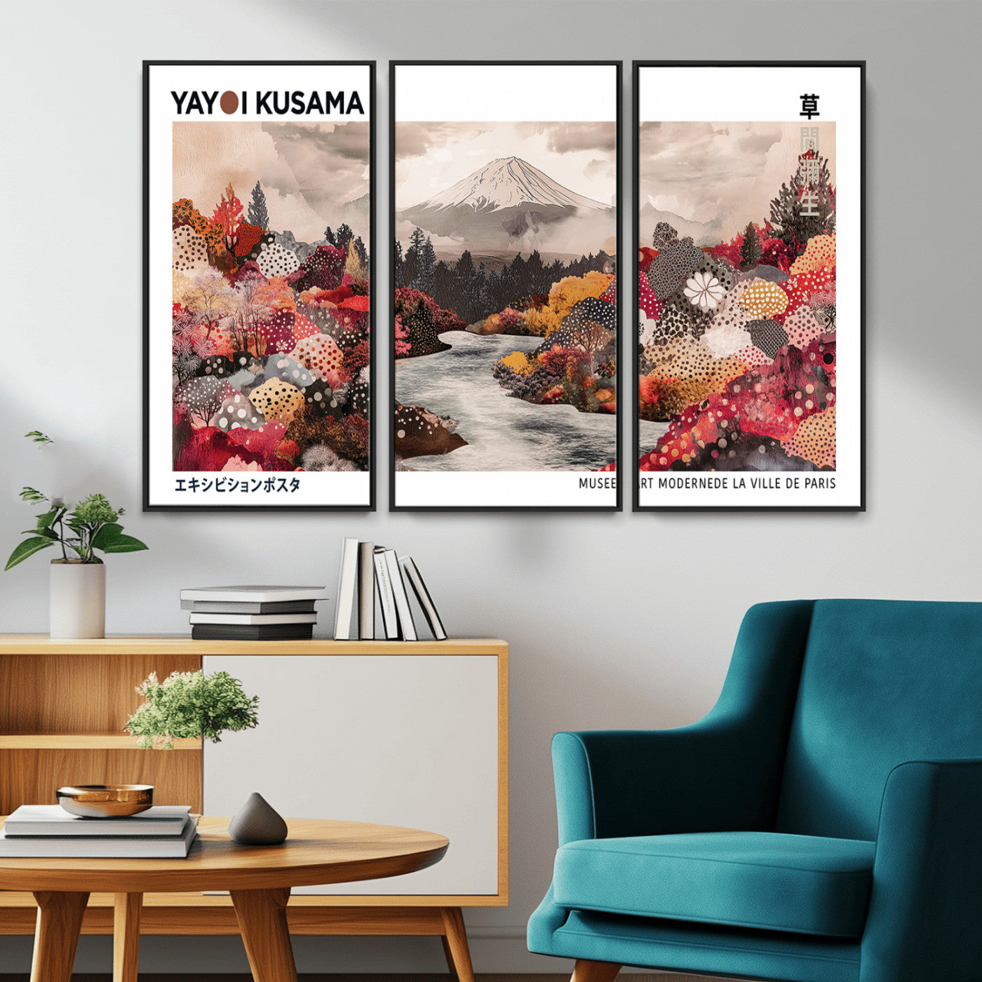 MGV-FC-48X32-3P - Modern Japanese Wall Art Print, Yayoi Kusama Canvas Wall Art, Abstract Mount Fuji Art Canvas Print,