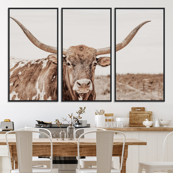 Longhorn Bull Photo Wall Art Canvas Print, Framed Rustic Cow Art Picture Print, Neutral Farmhouse Perfect Rustic Neutral Farmhouse Decor