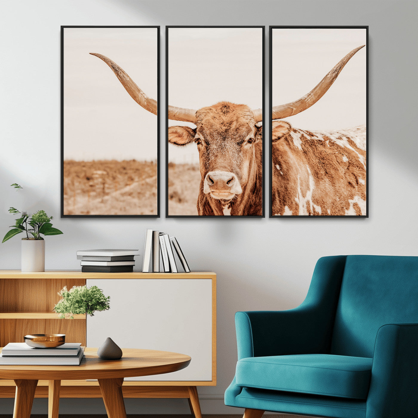 MGV-FC-48X32-3P - Longhorn Bull Wall Art Canvas Print, Framed Western Cow Art Picture Print, Rustic Farmhouse Perfect Neutral Farmhouse Decor Artwork