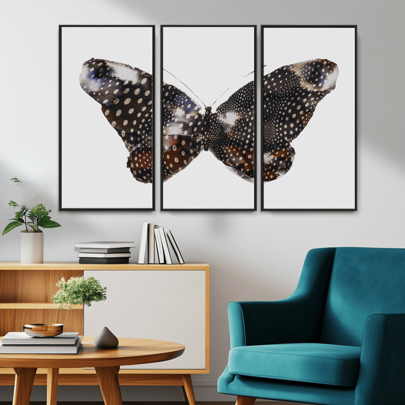 MGV-FC-48X32-3P - Spotted Butterfly Wall Art Canvas Print, Framed Neutral Insect Theme Art Picture Print, Earthy Wing Pattern Perfect Modern Rustic Decor Artwork