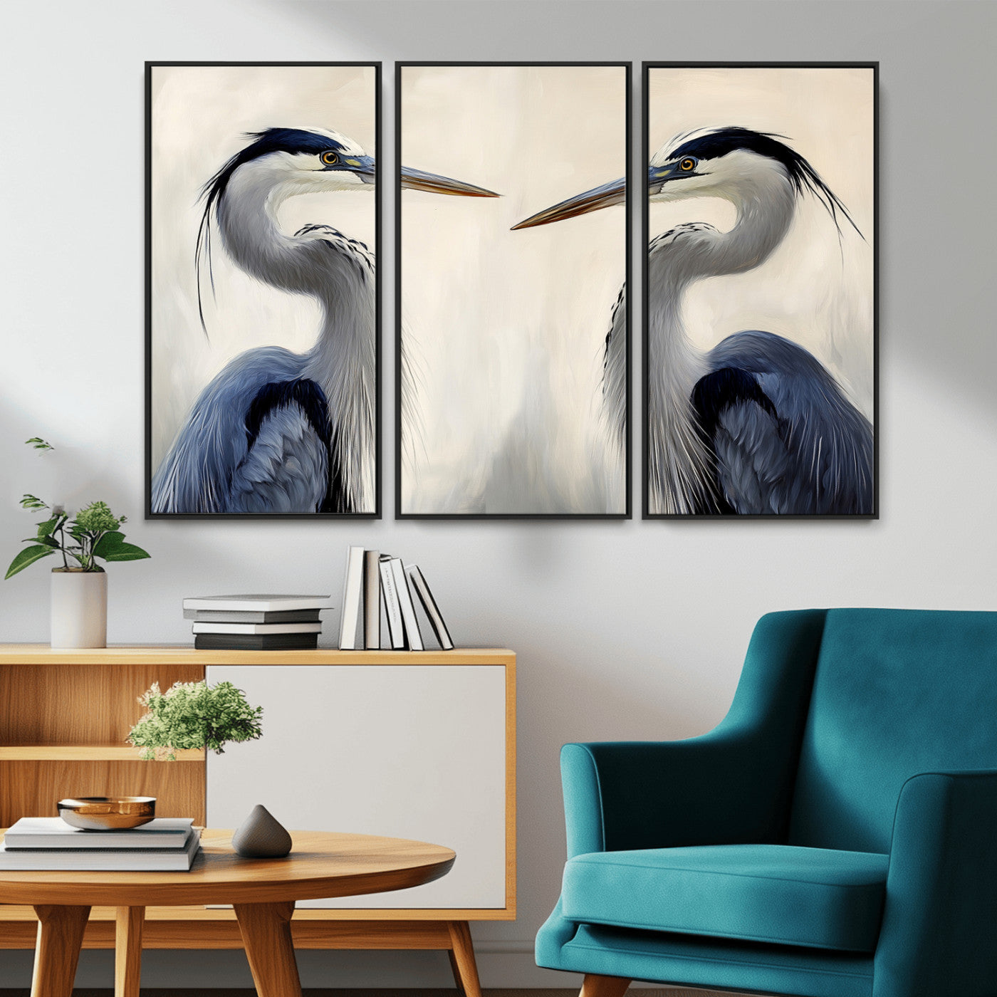 MGV-FC-48X32-3P - Blue Heron Pair Wall Art Canvas Print, Framed Coastal Bird Theme Art Picture Print, Tranquil Wildlife Scene Perfect Coastal Minimalist Decor Artwork