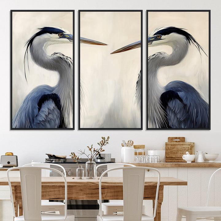 Blue Heron Pair Wall Art Canvas Print, Coastal Bird Theme Print, Framed Tranquil Wildlife Scene Art Print, Large Nature Inspired Decor Printing