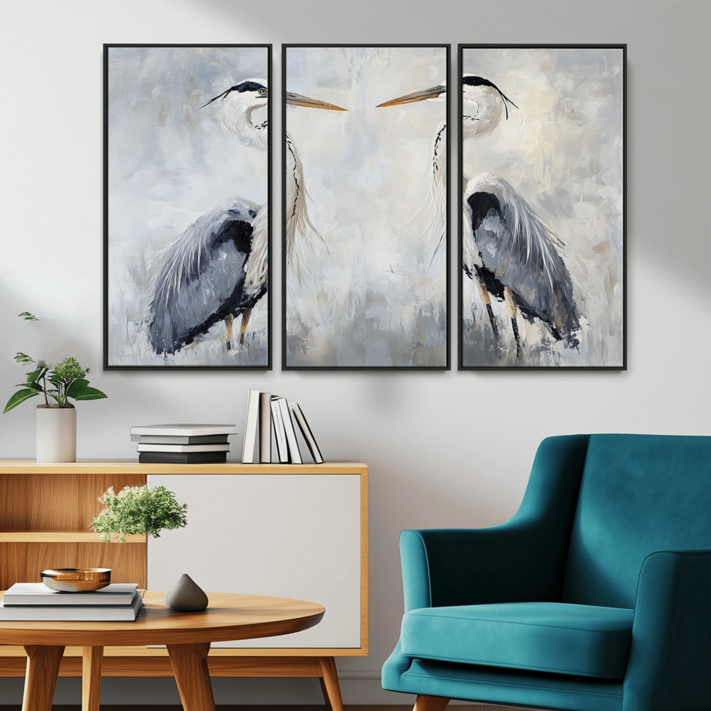 MGV-FC-48X32-3P - Heron Wall Art Wall Art Canvas Print, Framed Bird Canvas Decor Art Picture Print, Nature Inspired Perfect Coastal Minimalist Decor Artwork