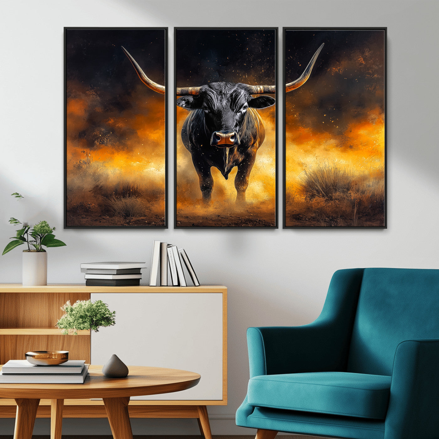 MGV-FC-48X32-3P - Longhorn Canvas Wall Art Canvas Print, Framed Bold Bull Wall Art Art Picture Print, Western Animal Decor Perfect Western Dramatic Decor Artwork