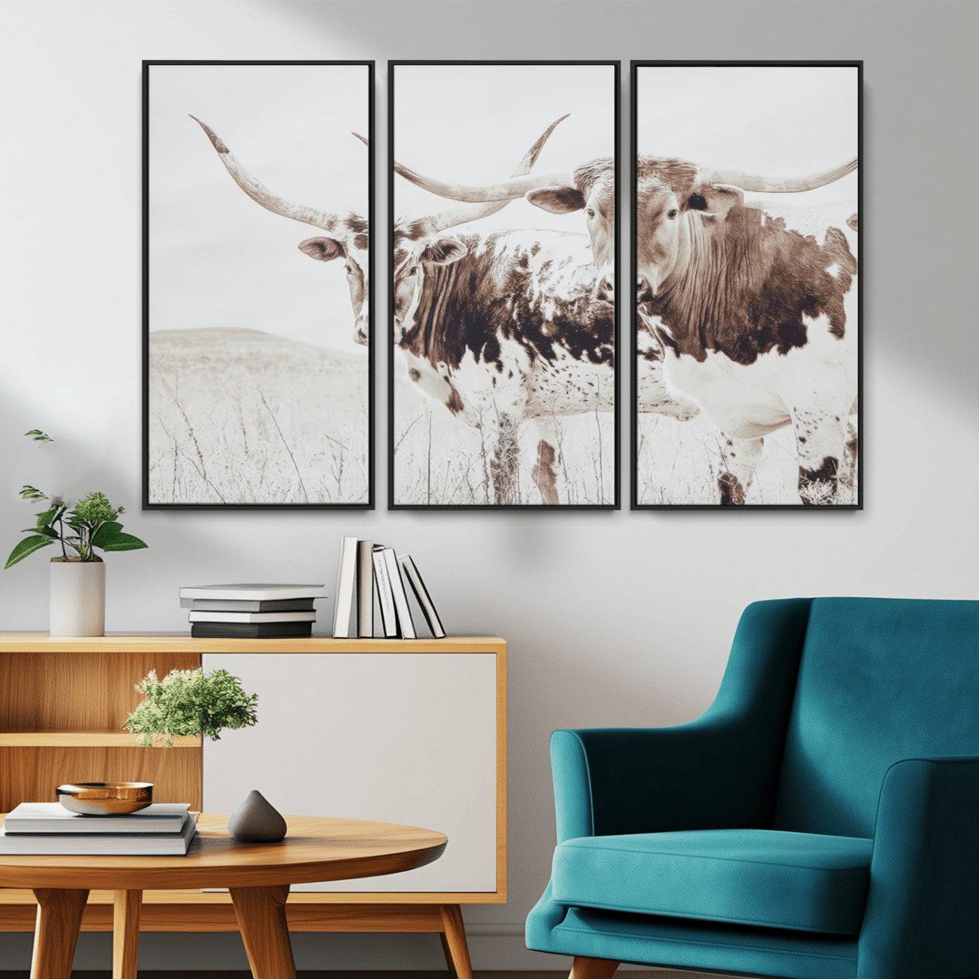 MGV-FC-48X32-3P - Longhorn Wall Art Wall Art Canvas Print, Framed Western Cow Canvas Art Picture Print, Rustic Farm Decor Perfect Rustic Farmhouse Decor Artwork
