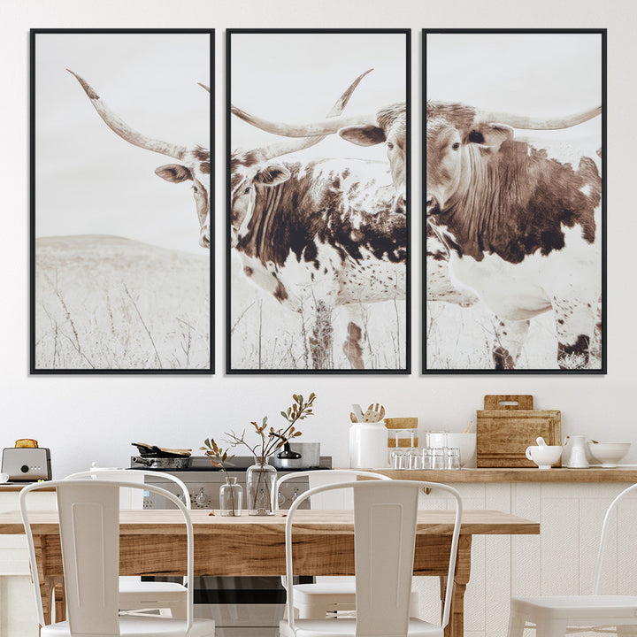 Longhorn Wall Art Wall Art Canvas Print, Western Cow Canvas Print, Framed Rustic Farm Decor Art Print, Large Neutral Animal Scene Printing