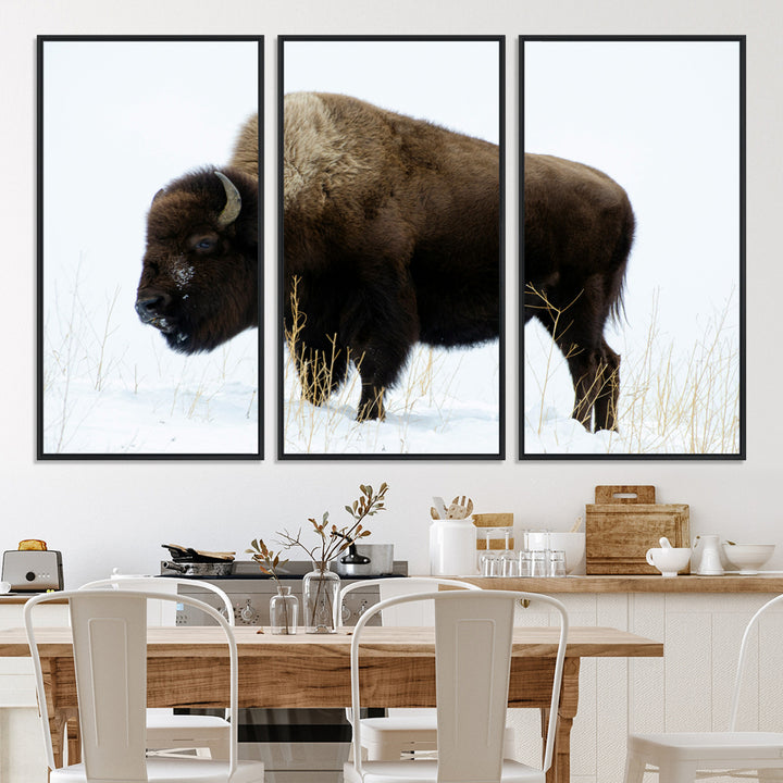 Bison Photography Wall Art Canvas Print, Framed Western Wildlife Art Picture Print, Buffalo On Snow Perfect Western Decor Artwork