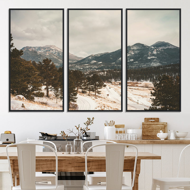 Mountain Landscape Wall Art Canvas Print, Framed Snowy Peaks Art Picture Print, Alpine Aesthetic Perfect Rustic Winter Decor Artwork
