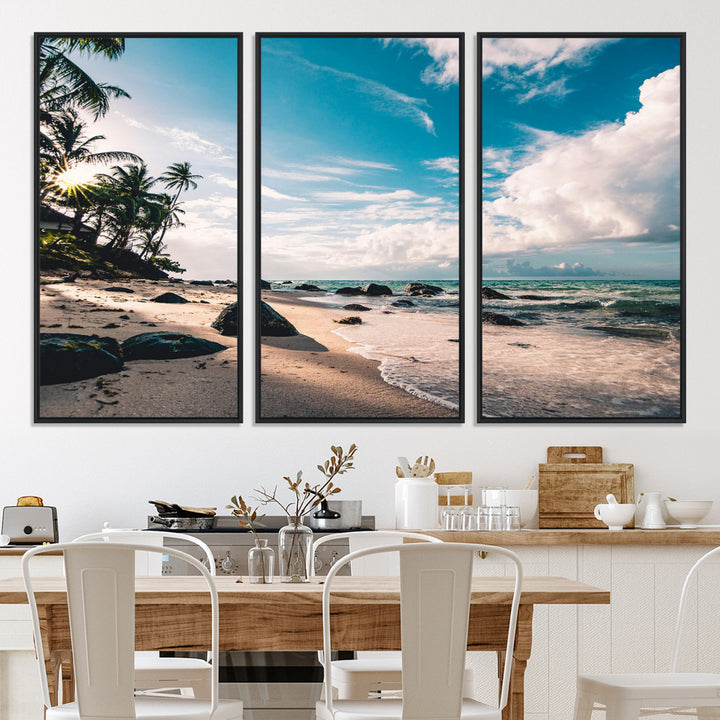 Tropical Beach Wall Art Canvas Print, Framed Ocean Waves Art Picture Print, Relaxing Seascape Perfect Tropical Coastal Decor Artwork