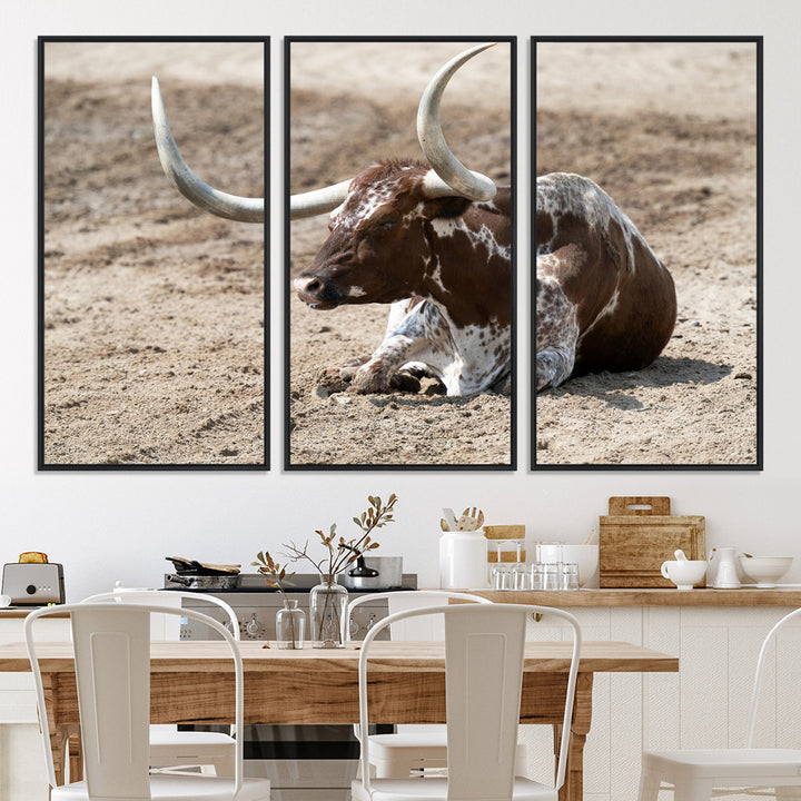 Texas Longhorn Wall Art Canvas Print, Framed Country Living Art Picture Print, Farmhouse Perfect Western Decor Artwork