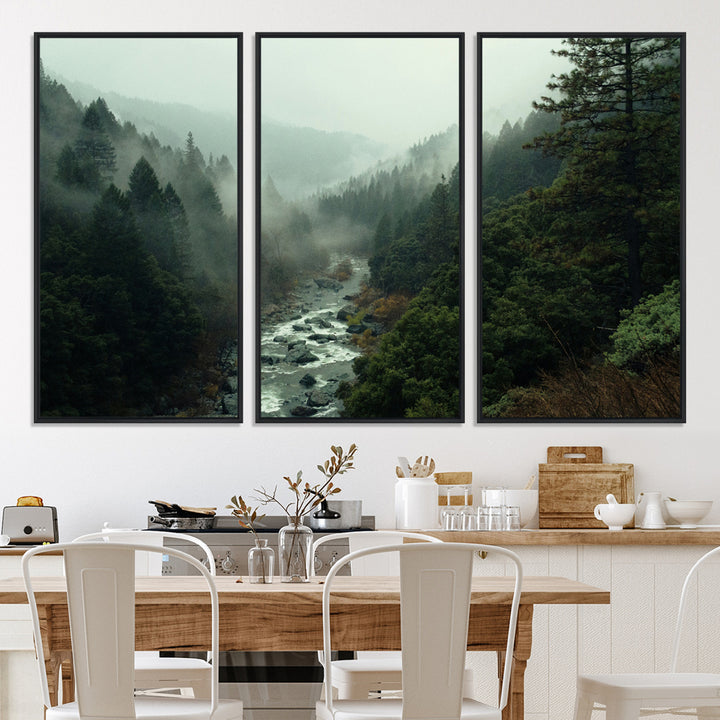 Misty Forest Wall Art Canvas Print, Framed Foggy River Art Picture Print, Moody Landscape Perfect Wilderness Decor Artwork