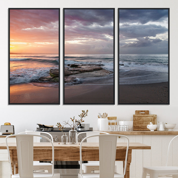 Golden Hour Wall Art Canvas Print, Framed Tranquil Waves Art Picture Print, Beach Perfect Coastal Serenity Decor Artwork