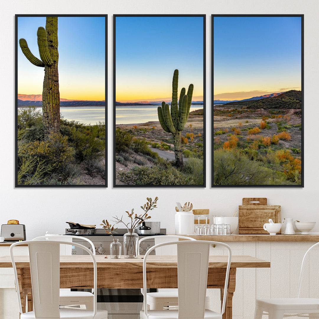 Saguaro Cactus Wall Art Canvas Print, Framed Desert Sunset Art Picture Print, Southwestern Perfect Southwestern Decor Artwork