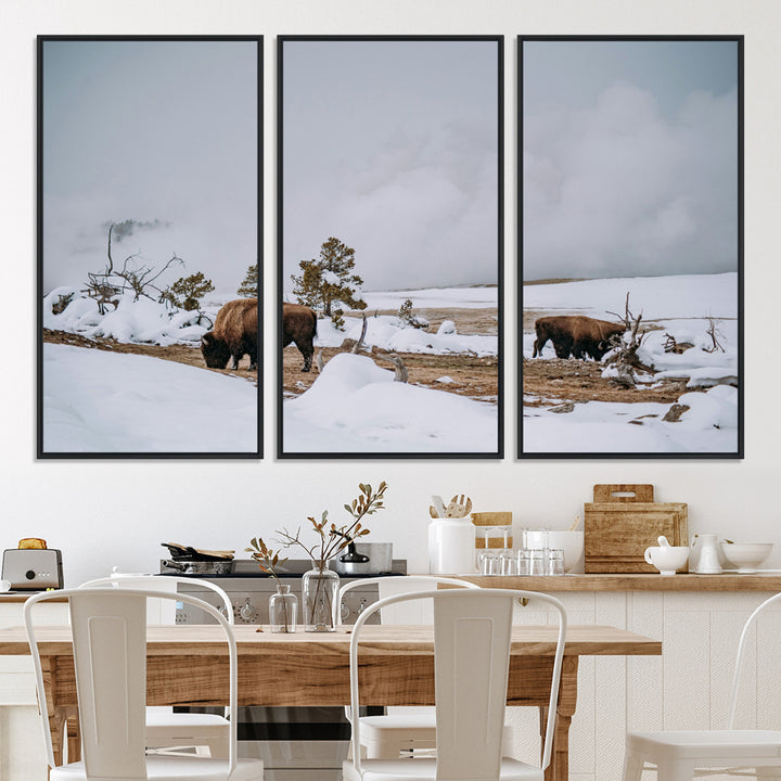 Bison Wildlife Wall Art Canvas Print, Framed Snowy Prairie Art Picture Print, Western Perfect Rustic Decor Artwork