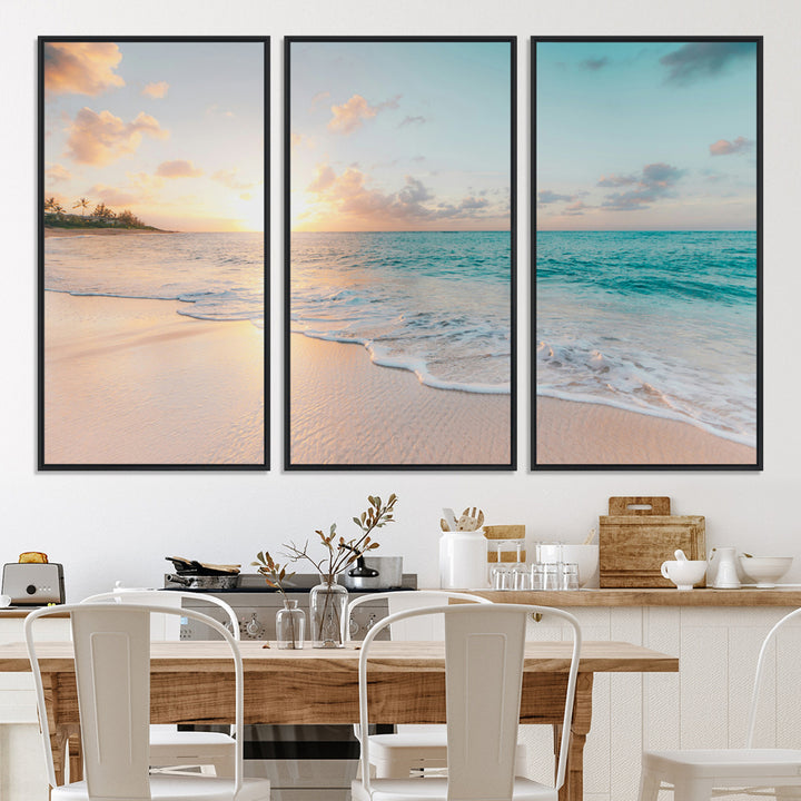 Beach Sunset Wall Art Canvas Print, Framed Ocean Waves Art Picture Print, Summer Escape Perfect Coastal Decor Artwork