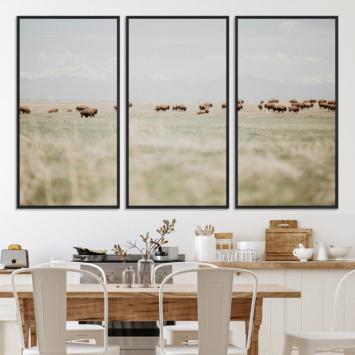 Bison Herd Wall Art Canvas Print, Framed Western Art Picture Print, Bison Perfect Ranch Decor Artwork
