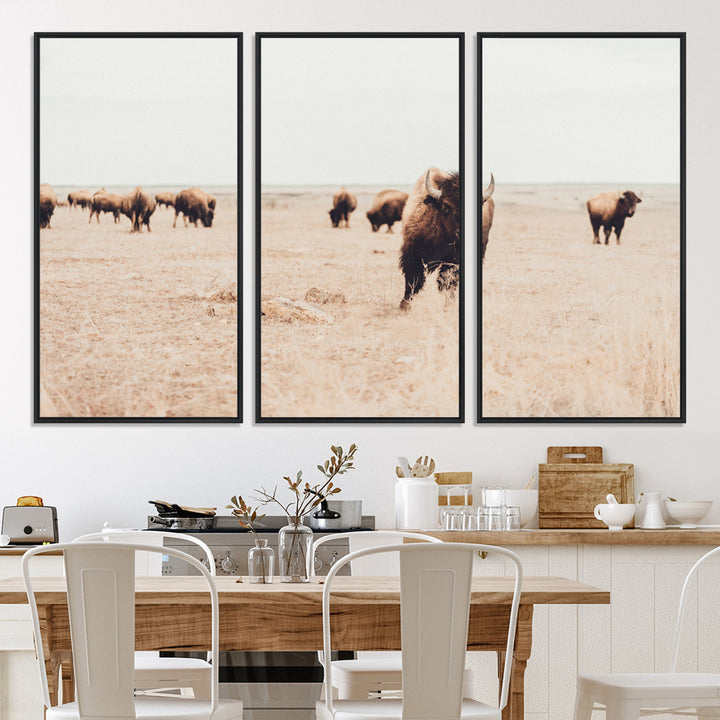 Bison Herd Wall Art Canvas Print, Framed Western Art Picture Print, Prairie Serenity Perfect Ranch Decor Artwork