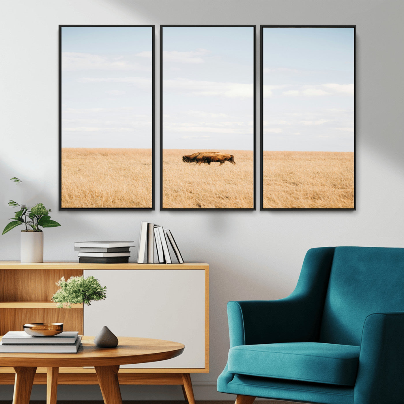 MGV-FC-48X32-3P - Minimalist Nature Wall Art Canvas Print, Framed Bison In Grassland Art Picture Print, Open Field Perfect Modern Ranch Decor Decor Artwork
